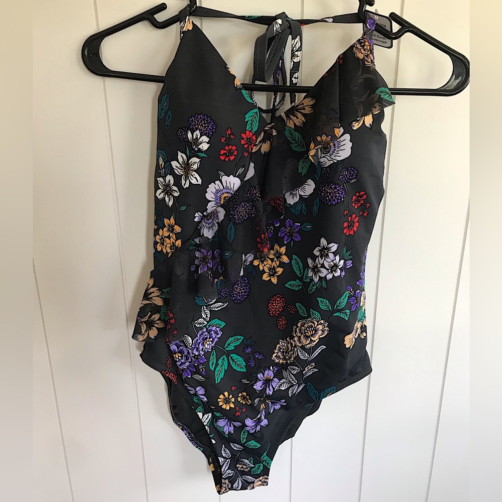 NWT One piece swimsuit, charcoal gray with colorful flowers